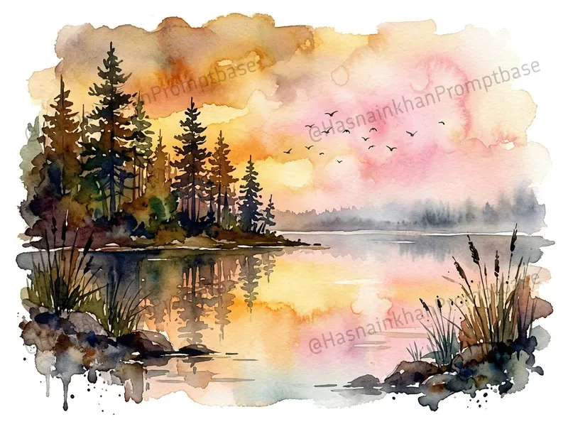 Watercolor Forest Lake Clipart