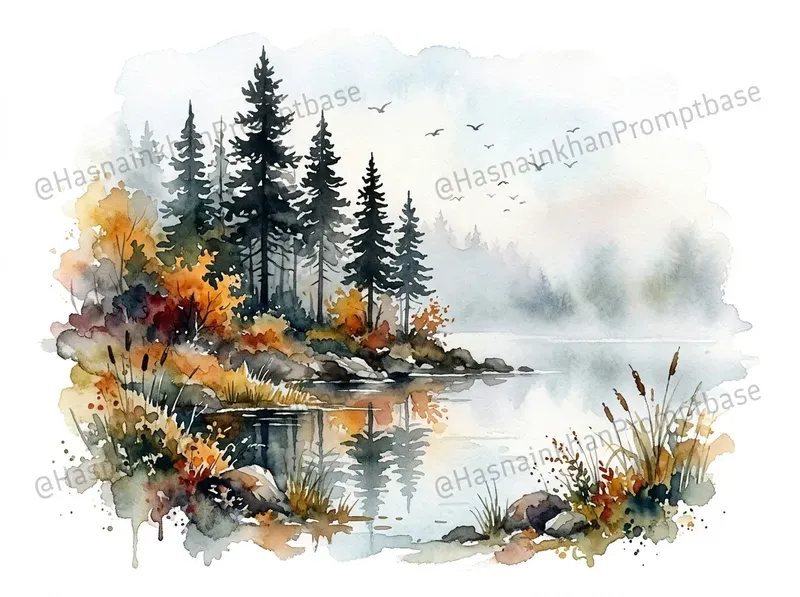 Watercolor Forest Lake Clipart