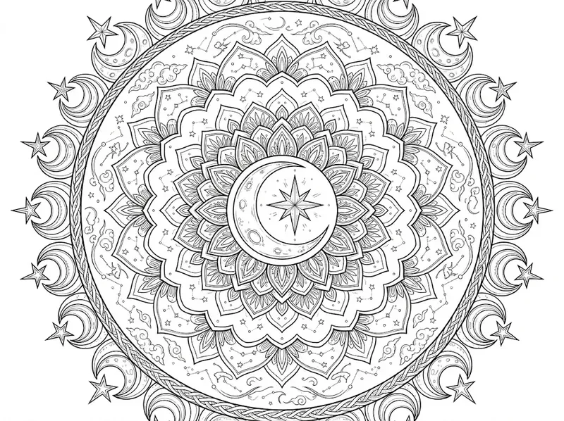 Celestial Moon Mandala Coloring Pages