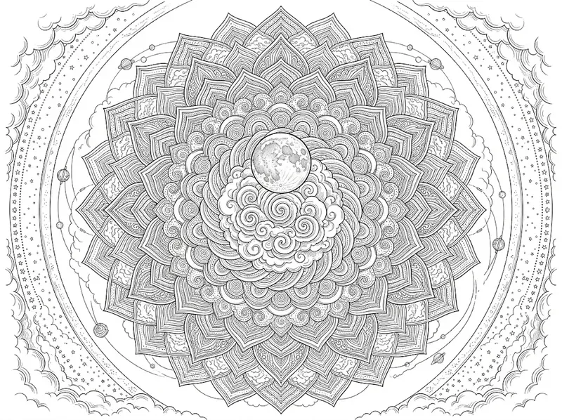 Celestial Moon Mandala Coloring Pages