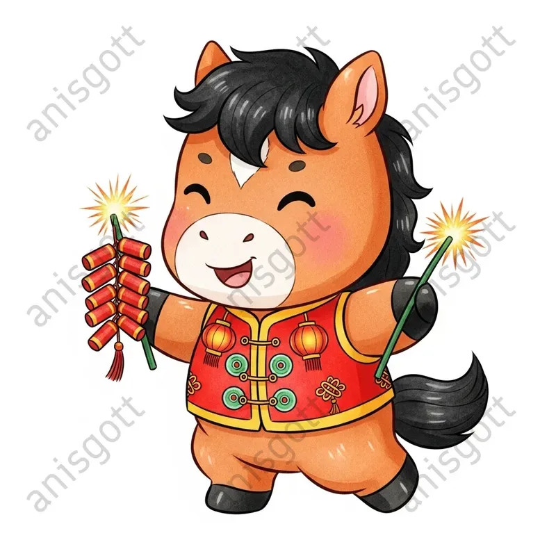 Lunar New Year Horses Watercolor Clipart