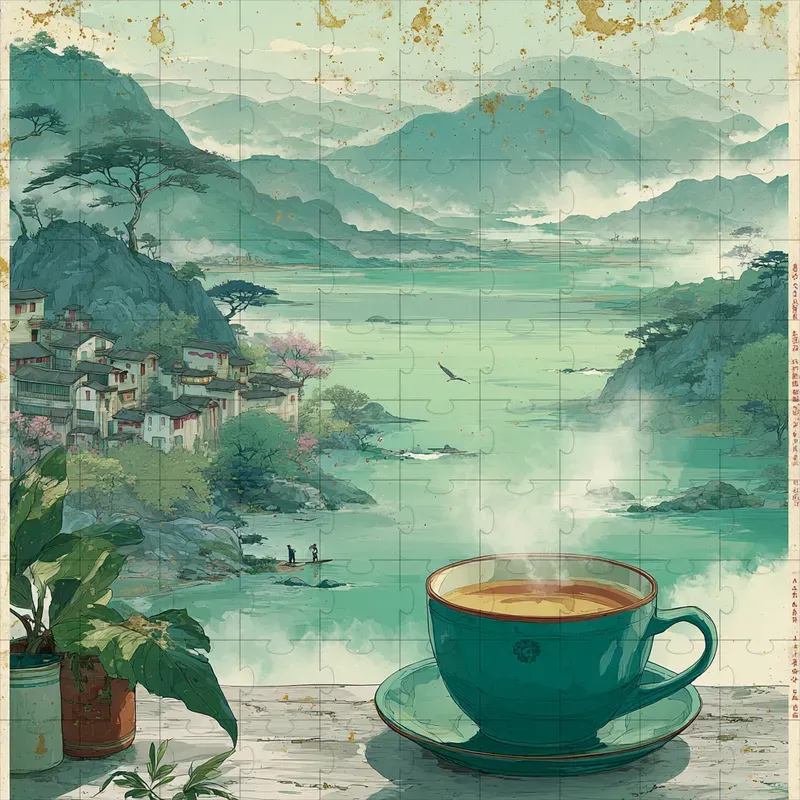 Ink Wash Teal Ghibli Gold Art