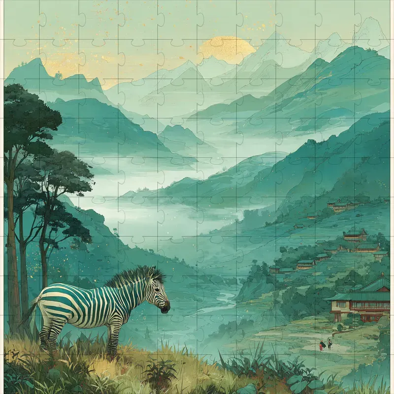 Ink Wash Teal Ghibli Gold Art