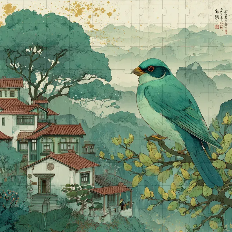 Ink Wash Teal Ghibli Gold Art