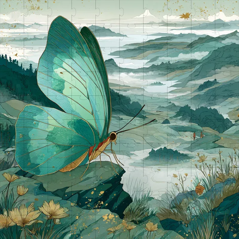 Ink Wash Teal Ghibli Gold Art