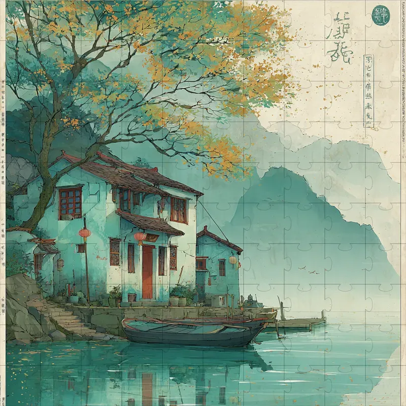 Ink Wash Teal Ghibli Gold Art