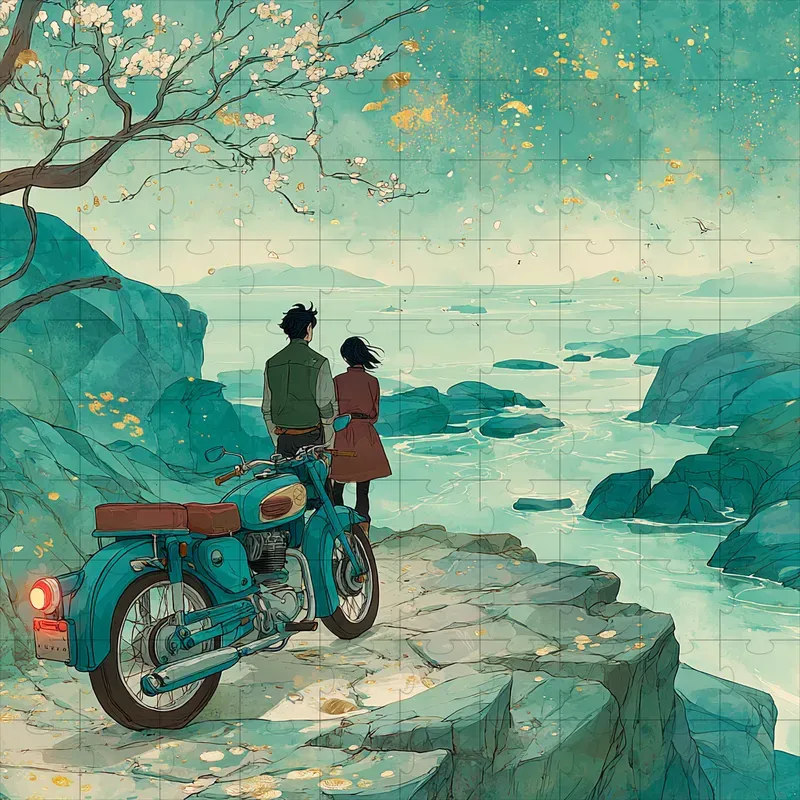 Ink Wash Teal Ghibli Gold Art