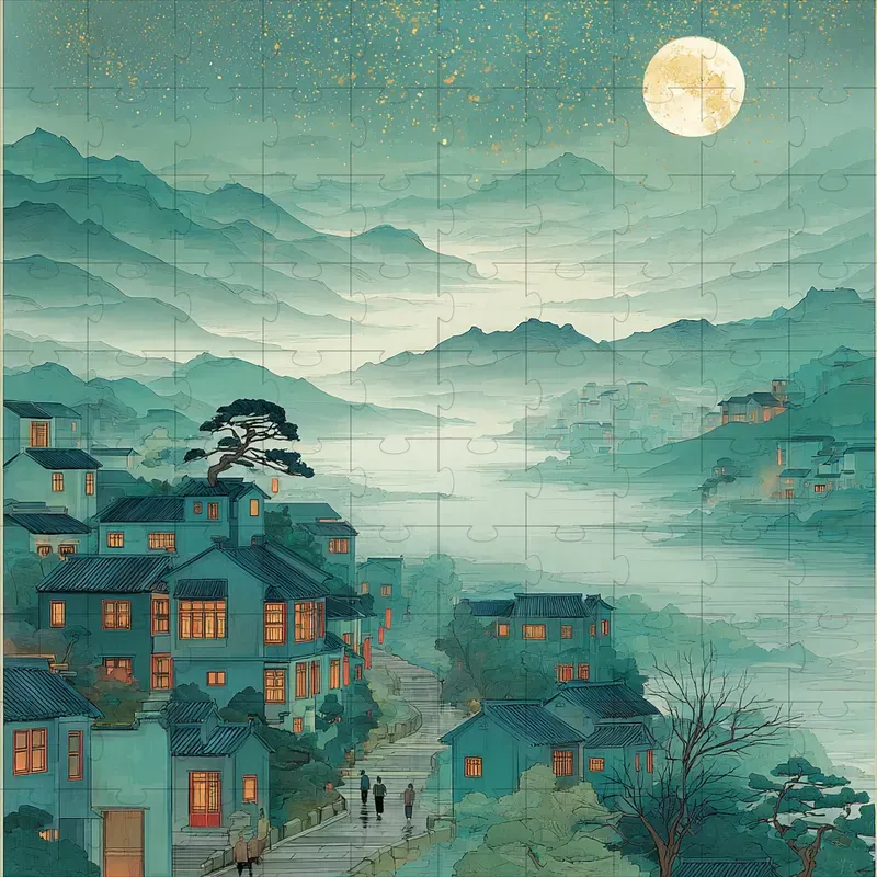 Ink Wash Teal Ghibli Gold Art