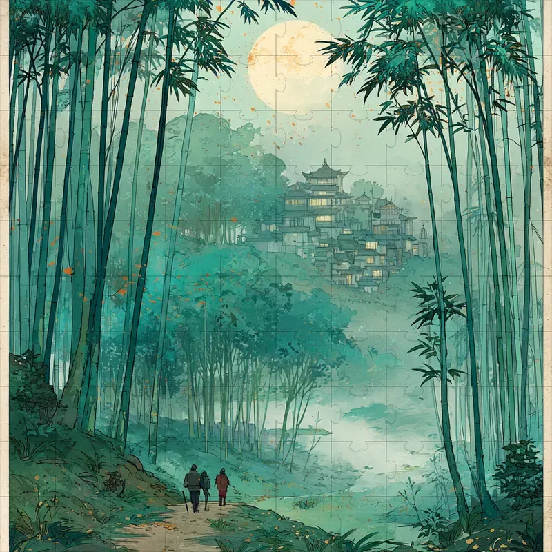 Ink Wash Teal Ghibli Gold Art