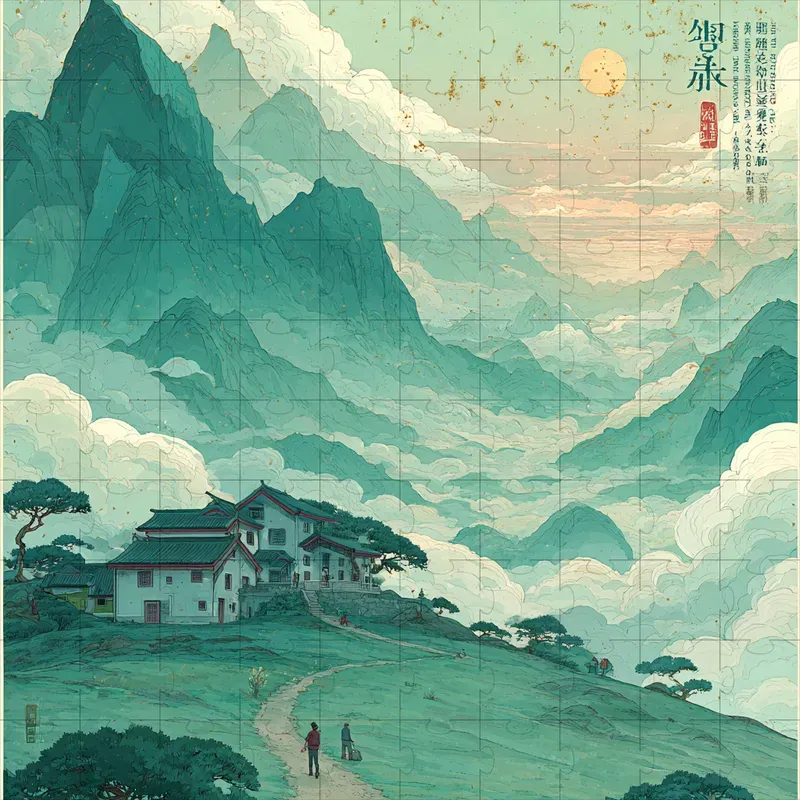 Ink Wash Teal Ghibli Gold Art