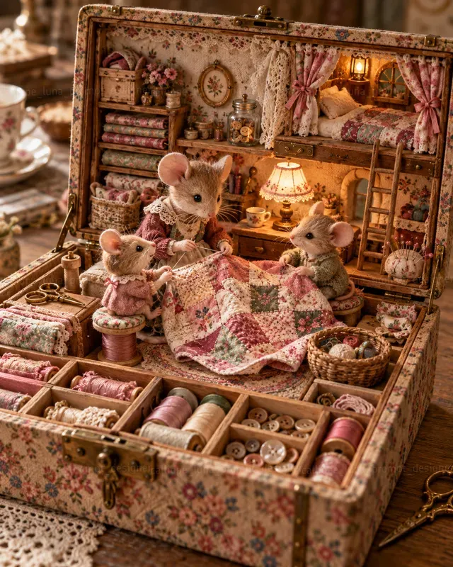 Miniature Animal Sewing Box Dioramas