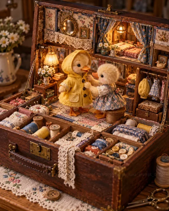 Miniature Animal Sewing Box Dioramas