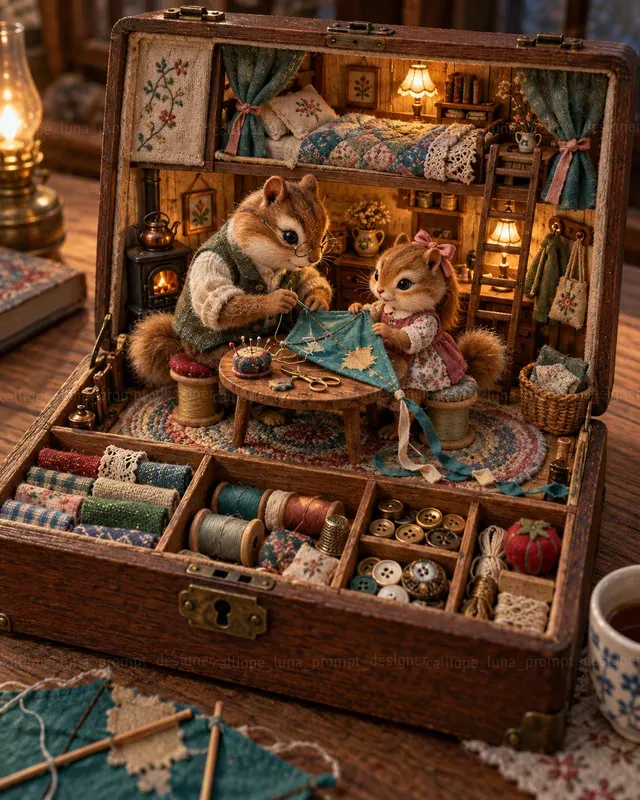 Miniature Animal Sewing Box Dioramas