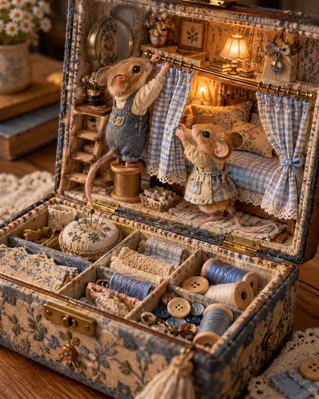 Miniature Animal Sewing Box Dioramas