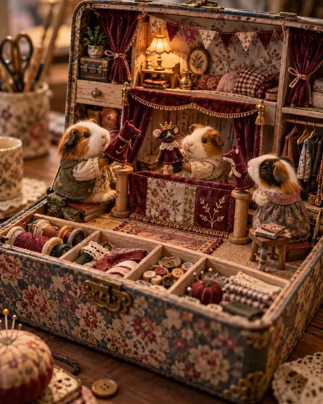 Miniature Animal Sewing Box Dioramas