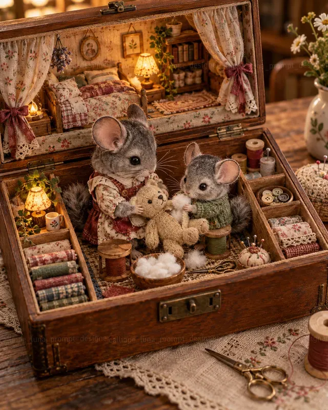 Miniature Animal Sewing Box Dioramas