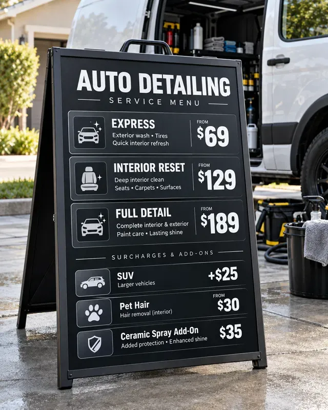 Small Business Service Menu Prices