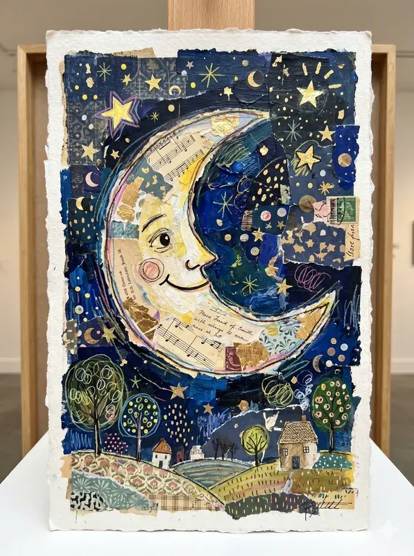 Celestial Naive Mixed Media Art
