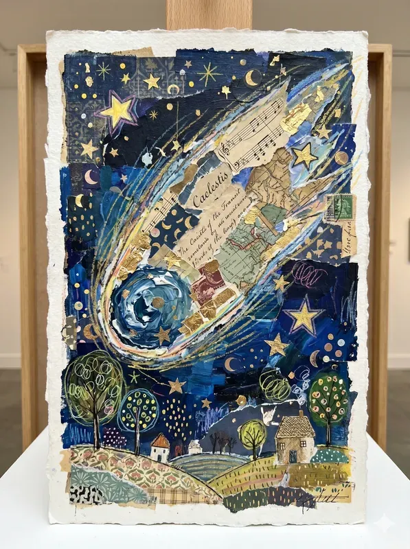 Celestial Naive Mixed Media Art
