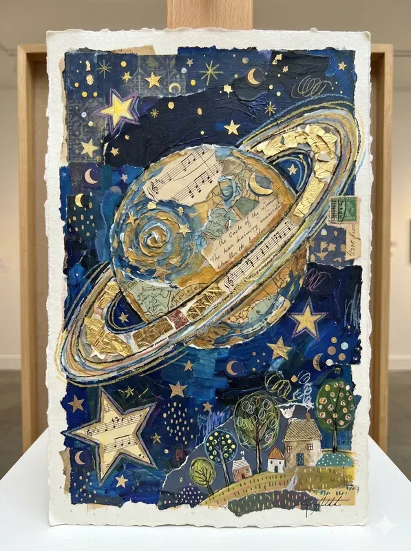 Celestial Naive Mixed Media Art
