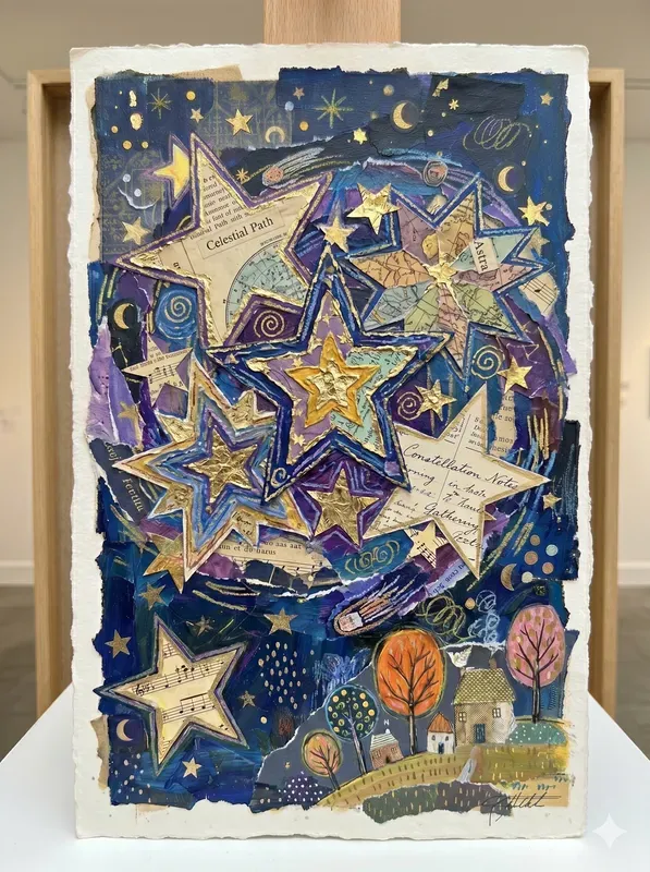 Celestial Naive Mixed Media Art