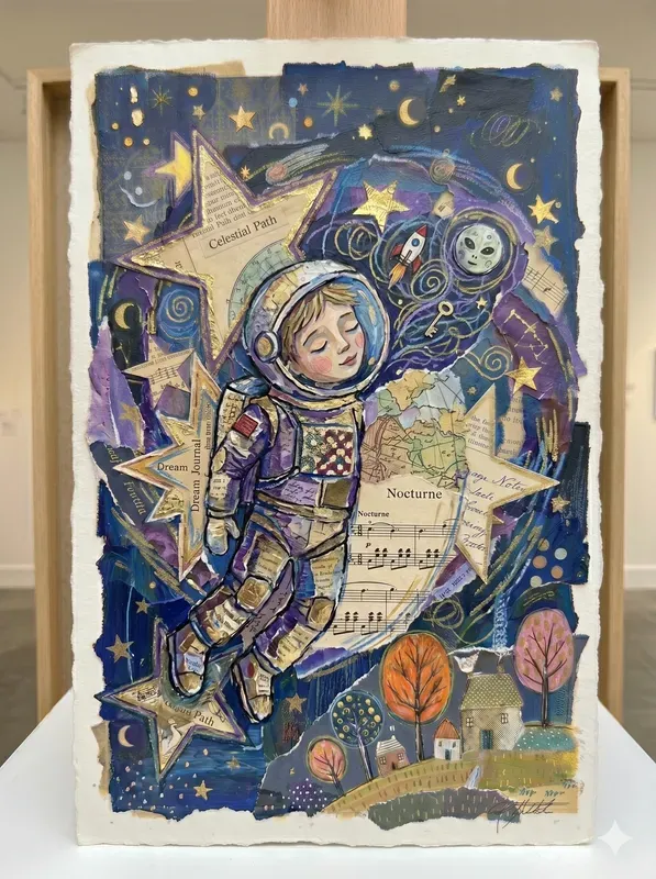 Celestial Naive Mixed Media Art