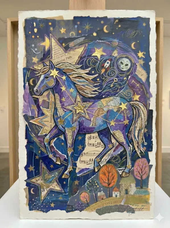 Celestial Naive Mixed Media Art