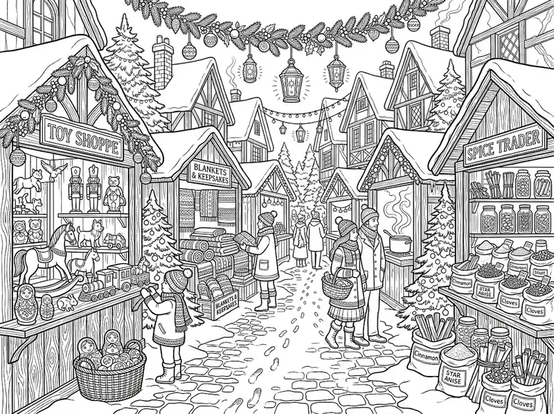 Enchanted Winter Village Market Colorings