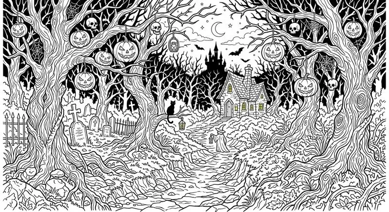 Halloween Spooky Scenery Line Art