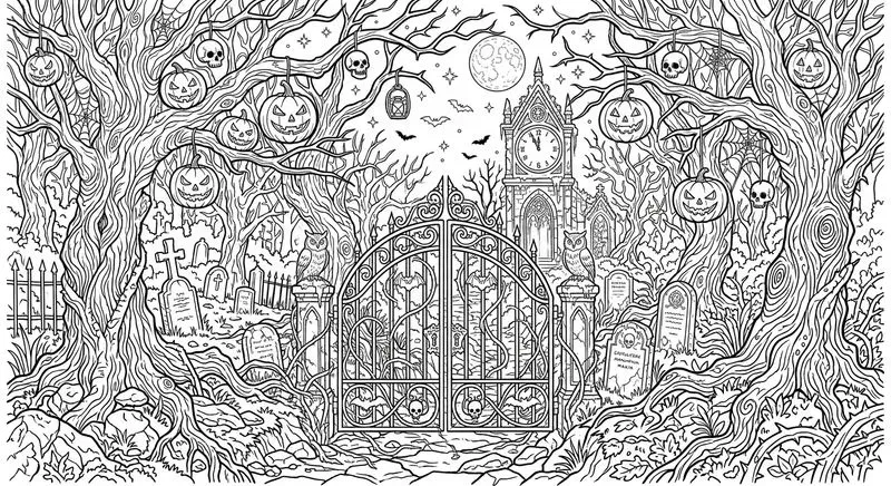 Halloween Spooky Scenery Line Art