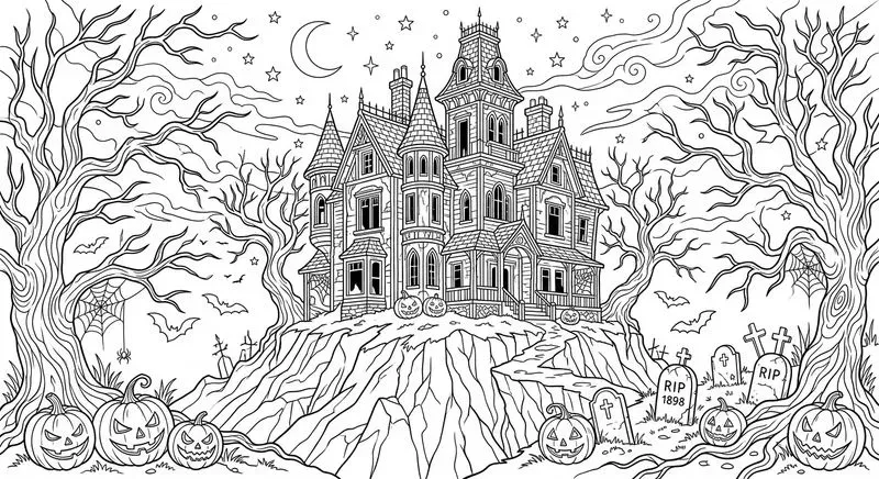 Halloween Spooky Scenery Line Art