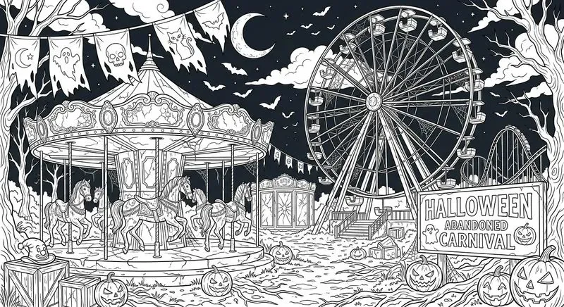 Halloween Spooky Scenery Line Art