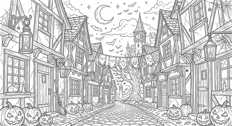 Halloween Spooky Scenery Line Art