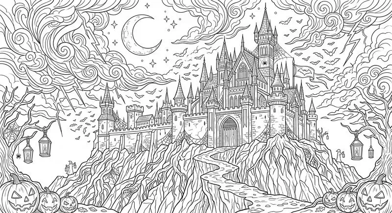 Halloween Spooky Scenery Line Art