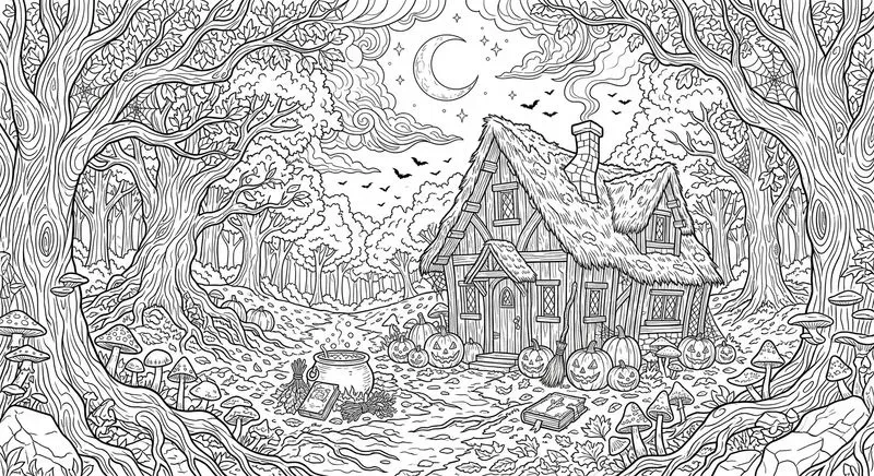 Halloween Spooky Scenery Line Art