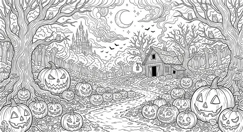 Halloween Spooky Scenery Line Art