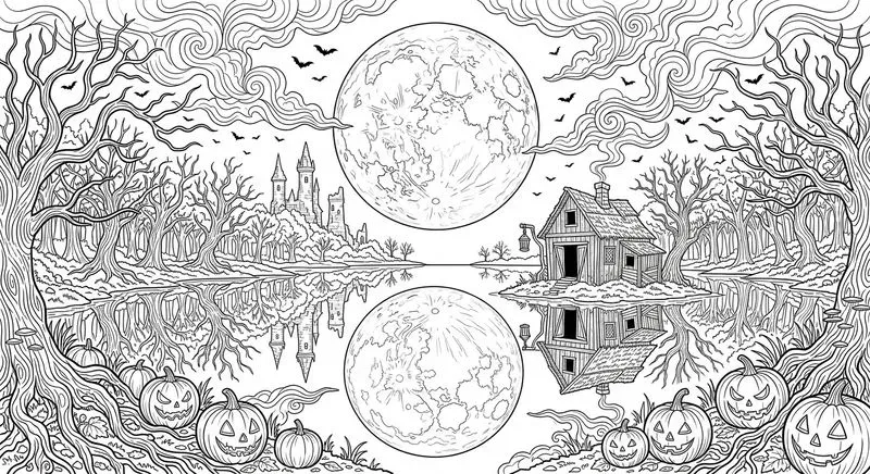 Halloween Spooky Scenery Line Art