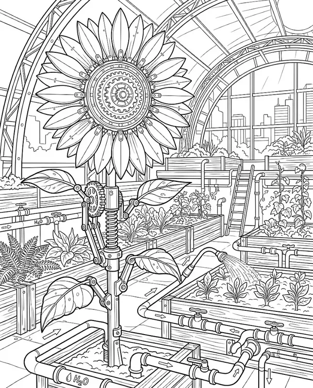 Mechanical Garden Coloring Scenes