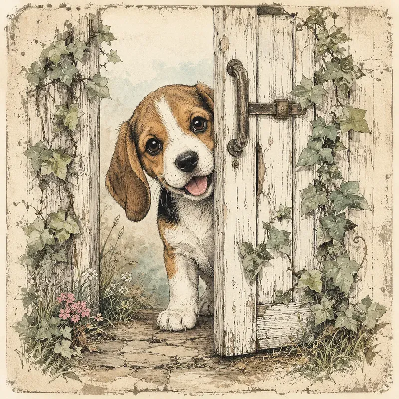Vintage Peeking Puppy Art