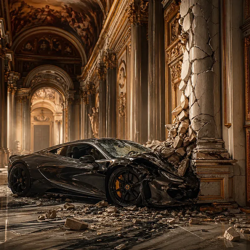 Crashed Supercars In Grand Hall Scenes