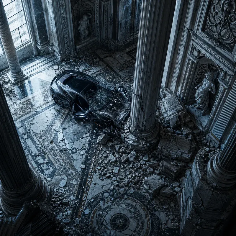 Crashed Supercars In Grand Hall Scenes