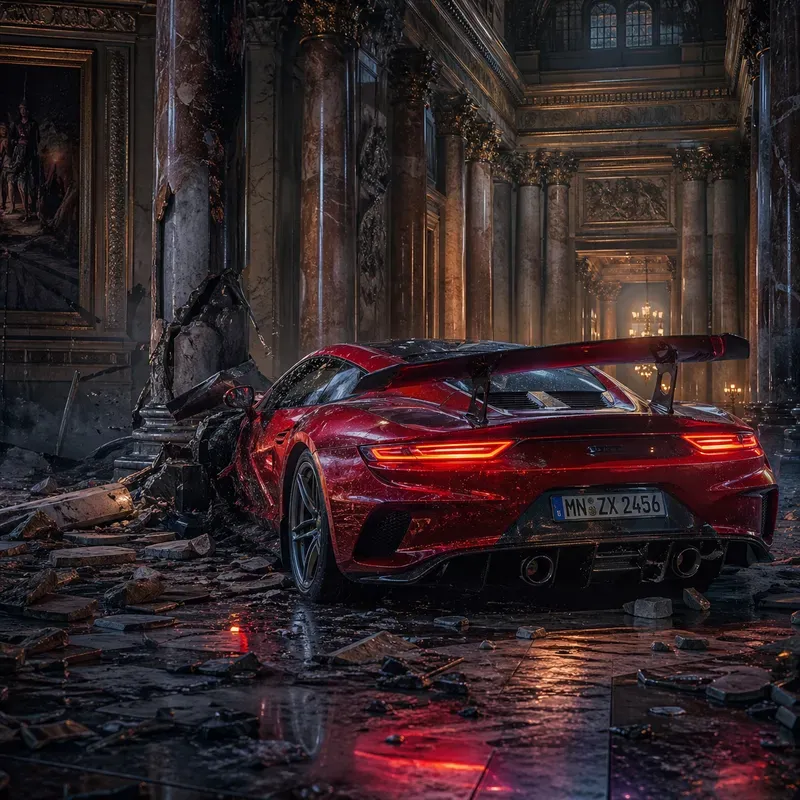Crashed Supercars In Grand Hall Scenes