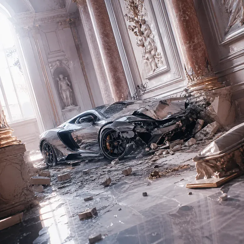 Crashed Supercars In Grand Hall Scenes