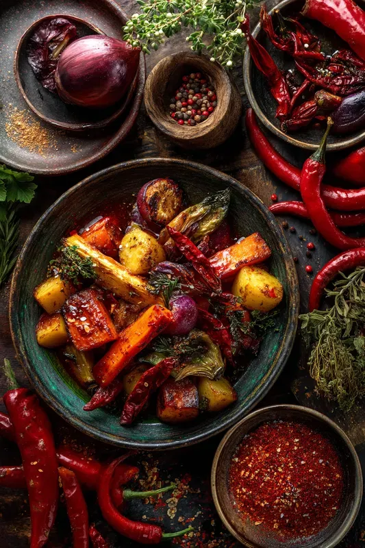 Fiery Topdown Chili Dish Posters