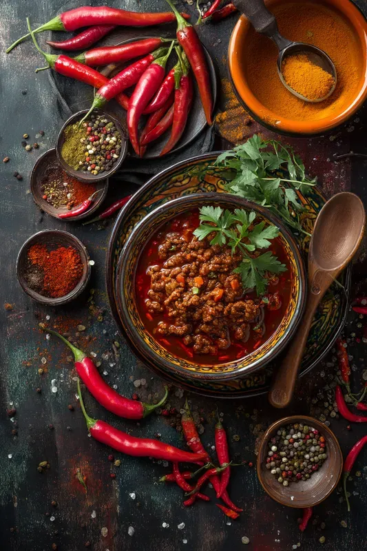 Fiery Topdown Chili Dish Posters