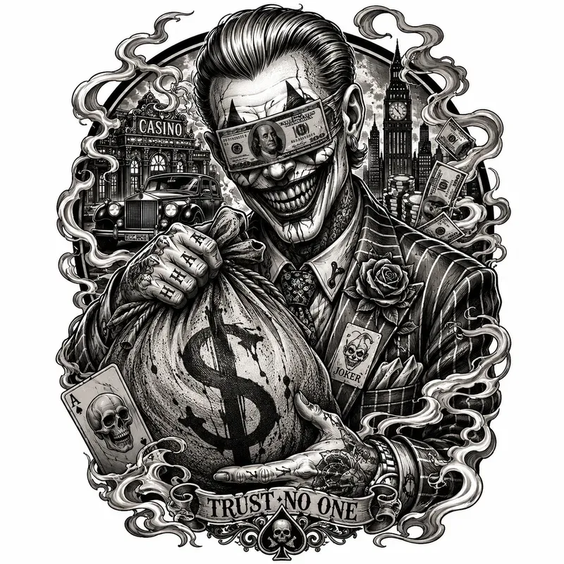 Greed Grin Dark Money Clown Tattoo Series
