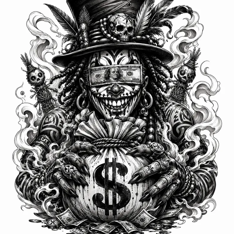 Greed Grin Dark Money Clown Tattoo Series