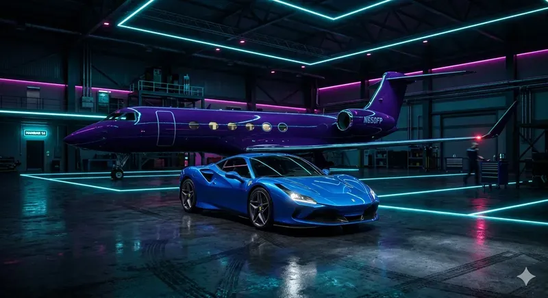 Cinematic Luxury Car Jet Hangar Neons