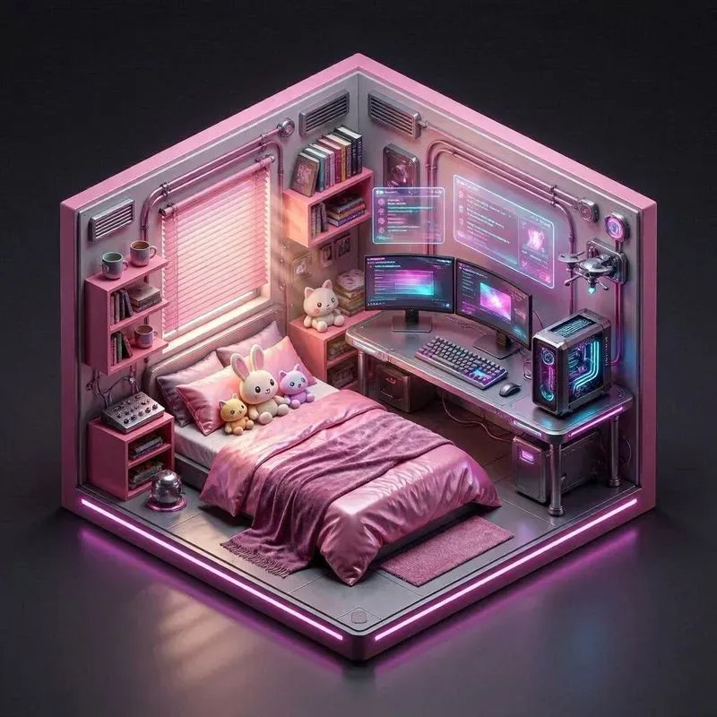 Isometric 3D Cyberpunk Gaming Rooms