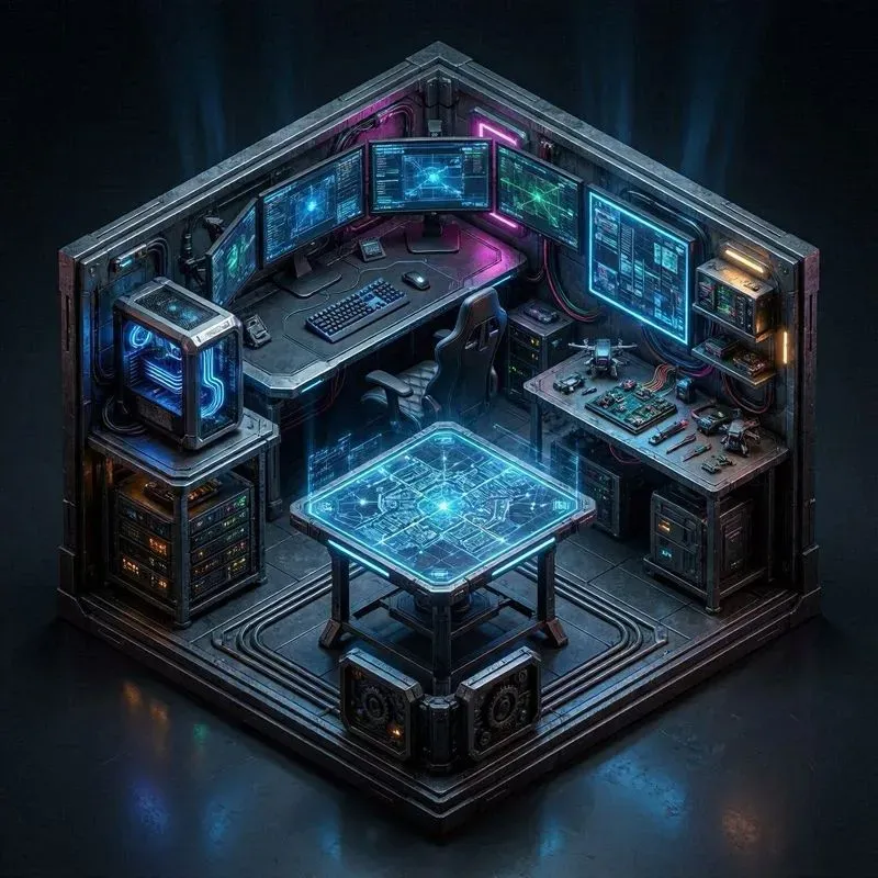 Isometric 3D Cyberpunk Gaming Rooms